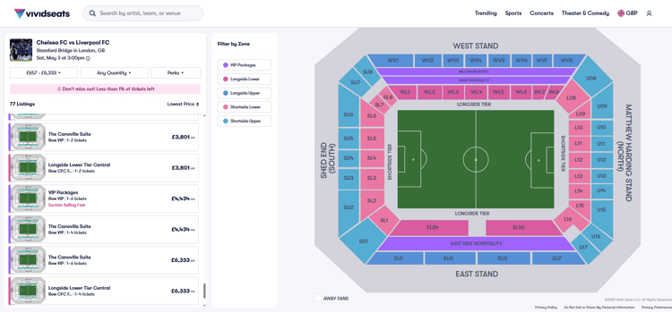 Chelsea v Liverpool tickets are on sale for more than £6,000