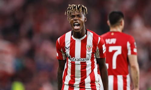 Nico Williams celebrates scoring against Roma for Athletic Club in the Europa League