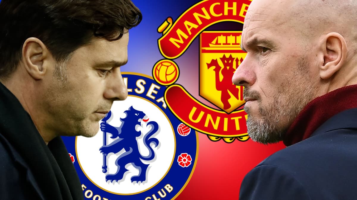 Mauricio Pochettino and Erik ten Hag, and the Chelsea and Manchester United badges on a blue and red abstract background