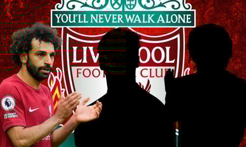 Mo Salah and silhouettes of Caoimhin Kelleher and Trent Alexander-Arnold, in front of the Liverpool badge set against an abstract red background