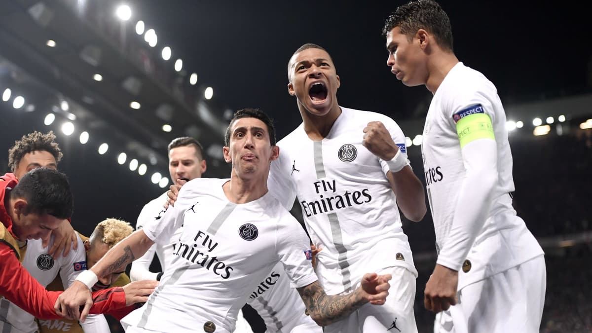 Kylian Mbappe celebrates scoring against Manchester United