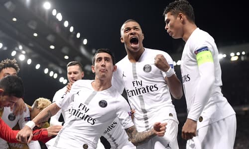 Kylian Mbappe celebrates scoring against Manchester United