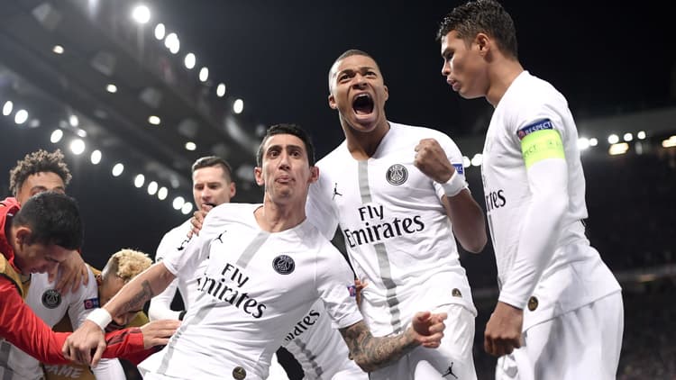 Mbappe celebrates scoring against Man Utd in a 2019 Champions League match