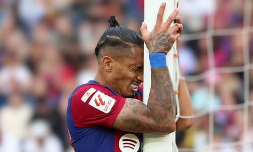 Barcelona attacker Raphinha reacts after a missed chance against Rayo Vallecano, 2023/24