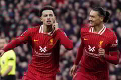 Curtis Jones celebrates scoring for Liverpool against Chelsea with Darwin Nunez, 2024/25