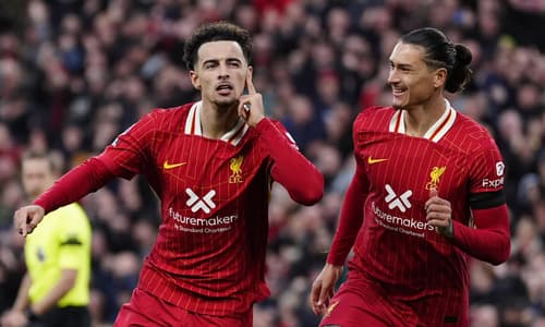 Curtis Jones celebrates scoring for Liverpool against Chelsea with Darwin Nunez, 2024/25