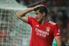 Roman Yaremchuk playing for Benfica in a UEFA Champions League match against Bayern Munich at Estadio da Luz in 2021.