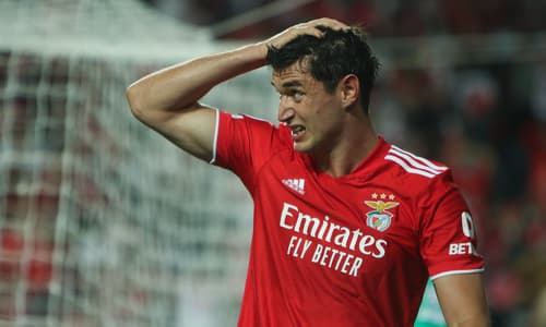 Roman Yaremchuk playing for Benfica in a UEFA Champions League match against Bayern Munich at Estadio da Luz in 2021.