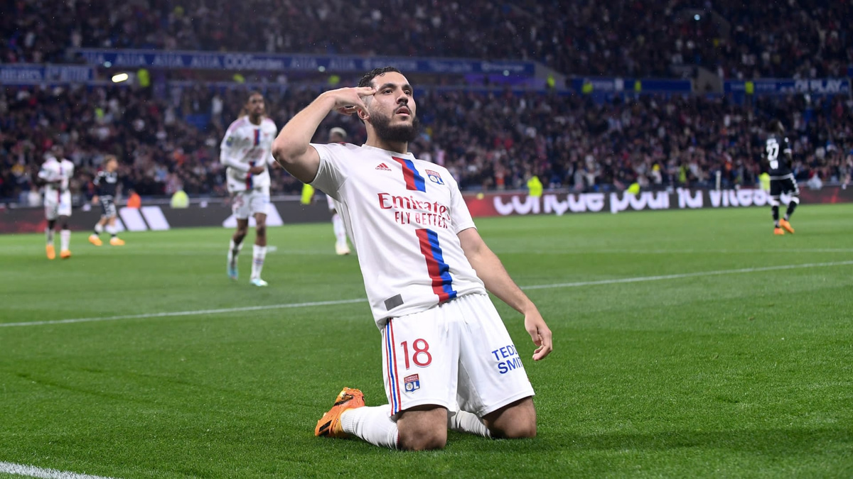 Rayan Cherki celebrates scoring against Monaco for Lyon