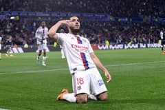 Rayan Cherki celebrates scoring against Monaco for Lyon