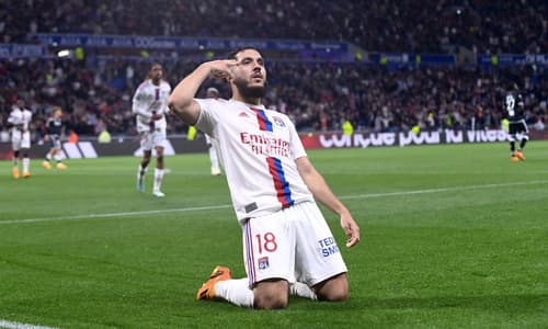Rayan Cherki celebrates scoring against Monaco for Lyon