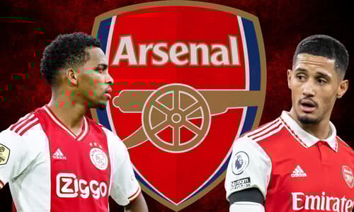 Jurrien Timber, William Saliba and the Arsenal badge on a red and black abstract background