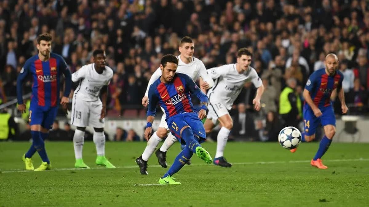 Neymar scoring a penalty in La Remontada against PSG
