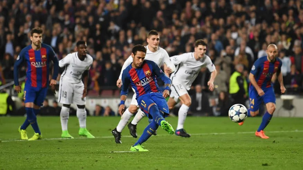 Neymar scoring a penalty in La Remontada against PSG