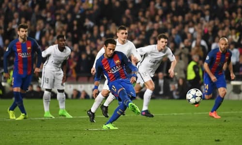 Neymar scoring a penalty in La Remontada against PSG