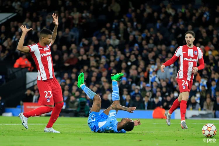 Raheem Sterling tumbles in the box against Atletico Madrid in the Champions League