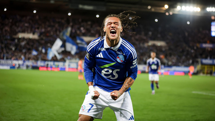 Diego Moreira celebrates a goal for Strasbourg, one of the form teams in Ligue 1