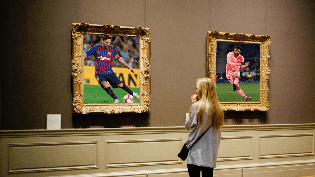 Woman looking at Lionel Messi pictures in a museum
