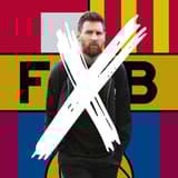 Lionel Messi, X-ed out, in front of the Barcelona badge as a background