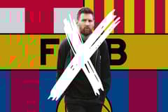 Lionel Messi, X-ed out, in front of the Barcelona badge as a background