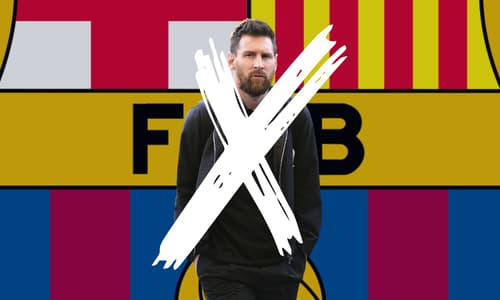 Lionel Messi, X-ed out, in front of the Barcelona badge as a background