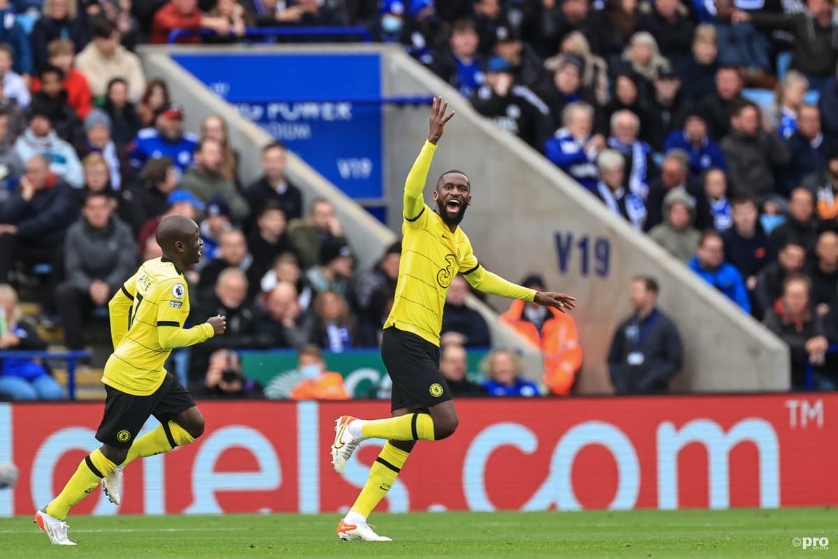 Antonio Rudiger celebrates scoring for Chelsea against Leicester