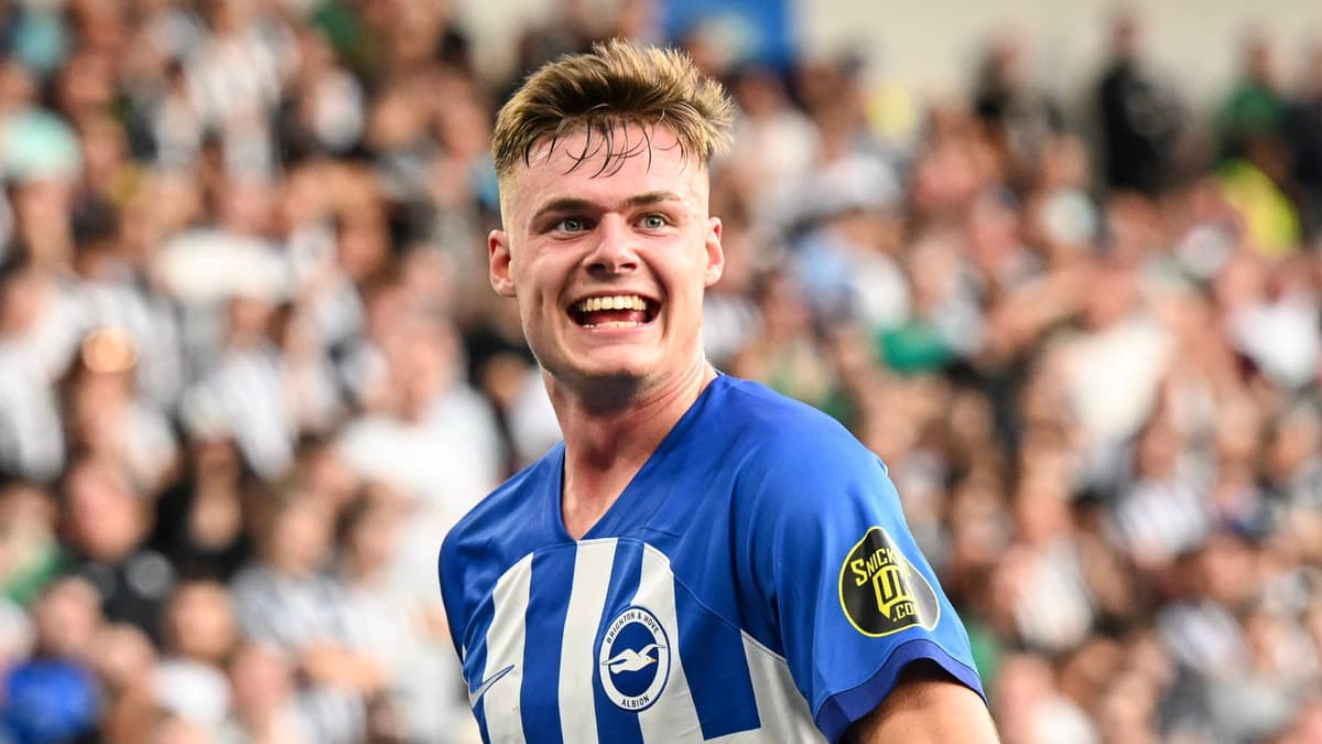 Evan Ferguson celebrates scoring for Brighton against Newcastle in the Premier League, 2023/24