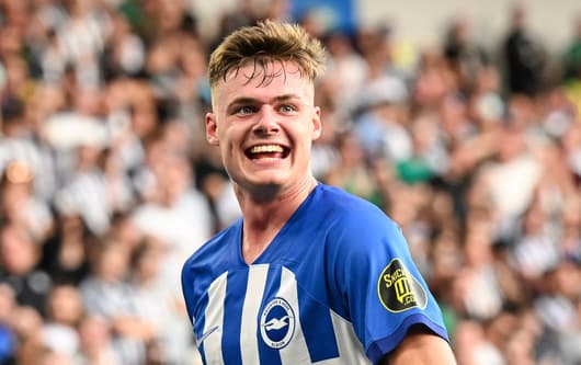 Evan Ferguson celebrates scoring for Brighton against Newcastle in the Premier League, 2023/24