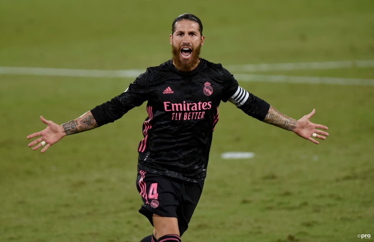 Sergio Ramos celebrates scoring for Real Madrid against Sevilla in La Liga, 2020/21
