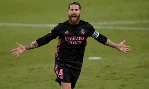 Sergio Ramos celebrates scoring for Real Madrid against Sevilla in La Liga, 2020/21