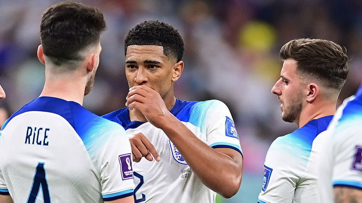England midfielders Declan Rice, Jude Bellingham and Mason Mount.