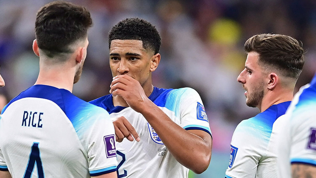 England midfielders Declan Rice, Jude Bellingham and Mason Mount.