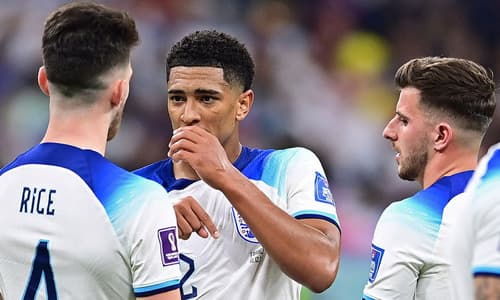 England midfielders Declan Rice, Jude Bellingham and Mason Mount.
