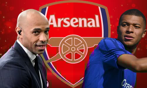 Thierry Henry, Kylian Mbappe and the Arsenal badge on a red abstract background