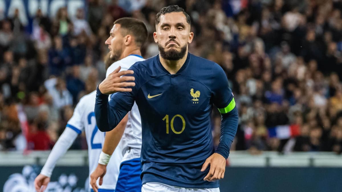 Rayan Cherki celebrates scoring for France U21 against Cyprus