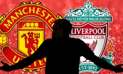 A black silhouette of Jurrien Timber in front of the Manchester United and Liverpool badges, set against a red abstract background