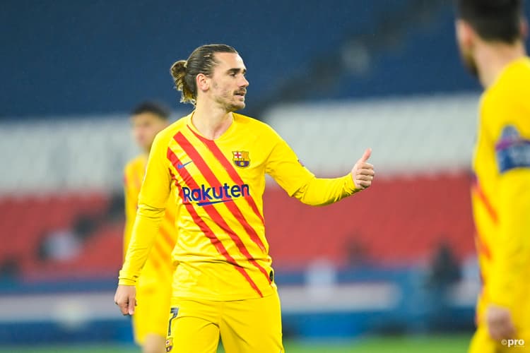 Antoine Griezmann playing for Barcelona in the Champions League against PSG, 2020-21