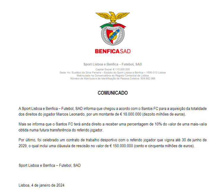 Benfica maakte bekend dat Marcos Leonardo een ontsnappingsclausule heeft ter waarde van 150 miljoen euro