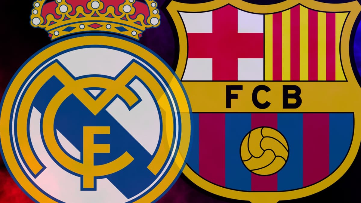 The Real Madrid and Barcelona badges on a red and blue smoky background