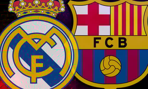 The Real Madrid and Barcelona badges on a red and blue smoky background