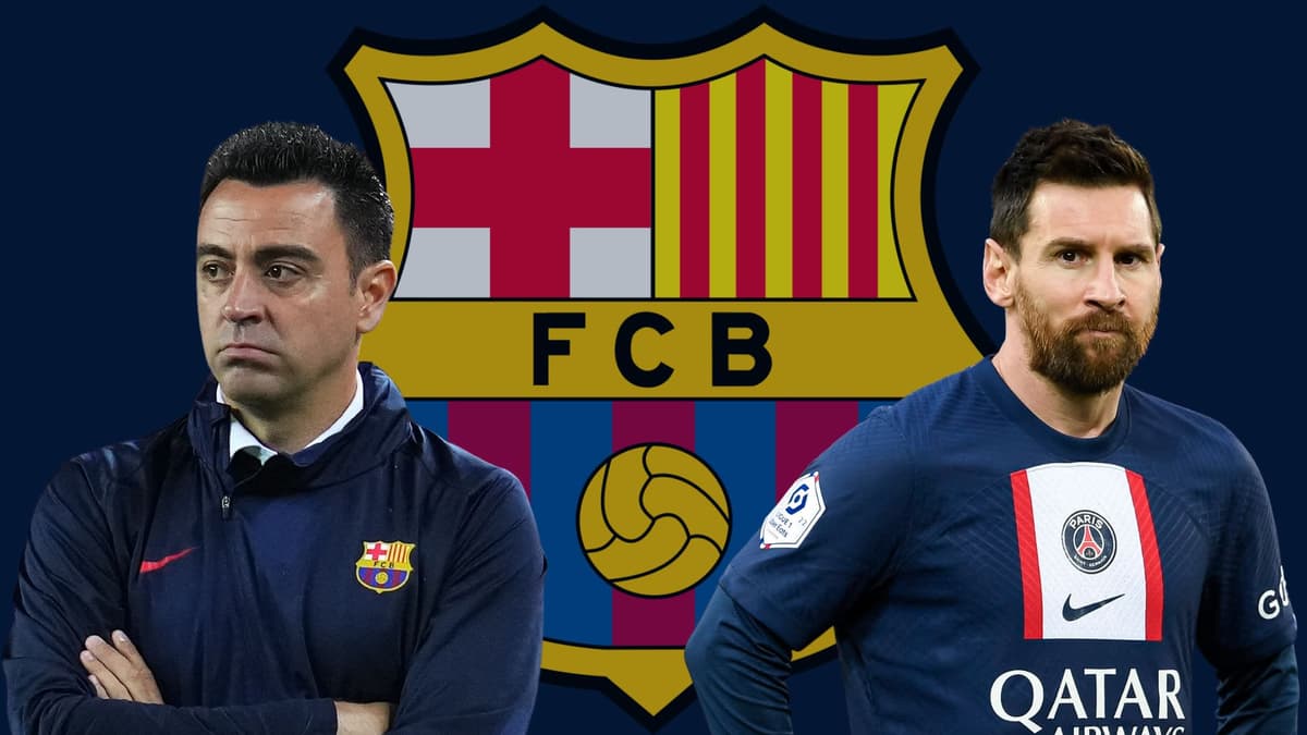 Xavi and Lionel Messi with the Barcelona badge