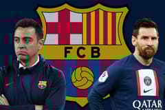 Xavi and Lionel Messi with the Barcelona badge