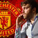 Fabrizio Romano and the Manchester United badge on a red and black abstract background