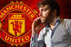 Fabrizio Romano and the Manchester United badge on a red and black abstract background