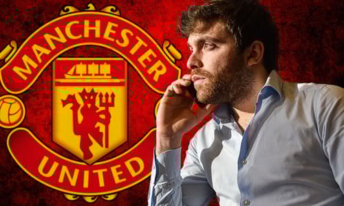 Fabrizio Romano and the Manchester United badge on a red and black abstract background