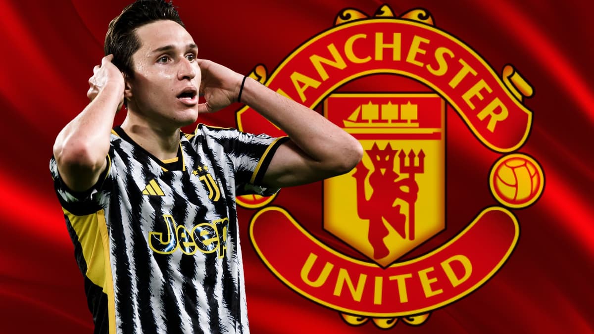 Federico Chiesa and the Manchester United badge on a red abstract background