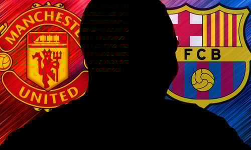 A silhouette of Vitor Roque between the Manchester United and Barcelona badges, on a red and blue abstract background
