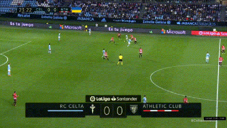 Gabri Veiga using his body to shield the ball from an opponent.