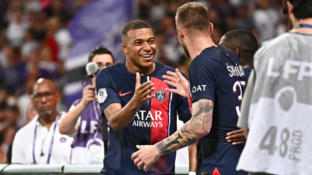 Kylian Mbappe celebrates scoring against Toulouse in Ligue 1, 2023/24