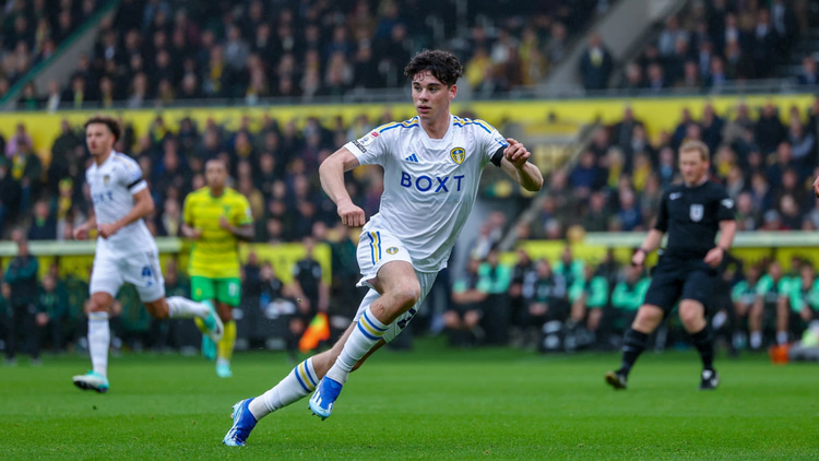 Archie Gray in action for Leeds against Norwich in the Championship